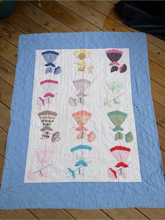 Other - Handmade Sunbonnet Sue Appliqué Quilt Throw 49x61 Blue Patchwork Vintage